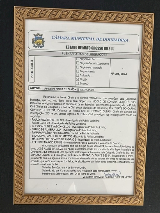 POLICIAIS CIVIS DO SIG E DEPAC SÃO HOMENAGEADOS POR ESCLARECIMENTO DE CRIME BÁRBARO OCORRIDO NA CIDADE DOURADINA