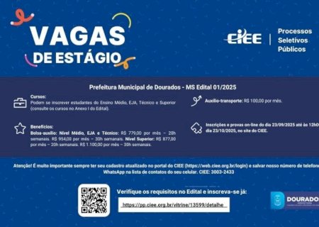 PREFEITURA DE DOURADOS ABRE INSCRIÇÕES PARA ESTÁGIO COM BOLSA DE R$ 1,1 MIL